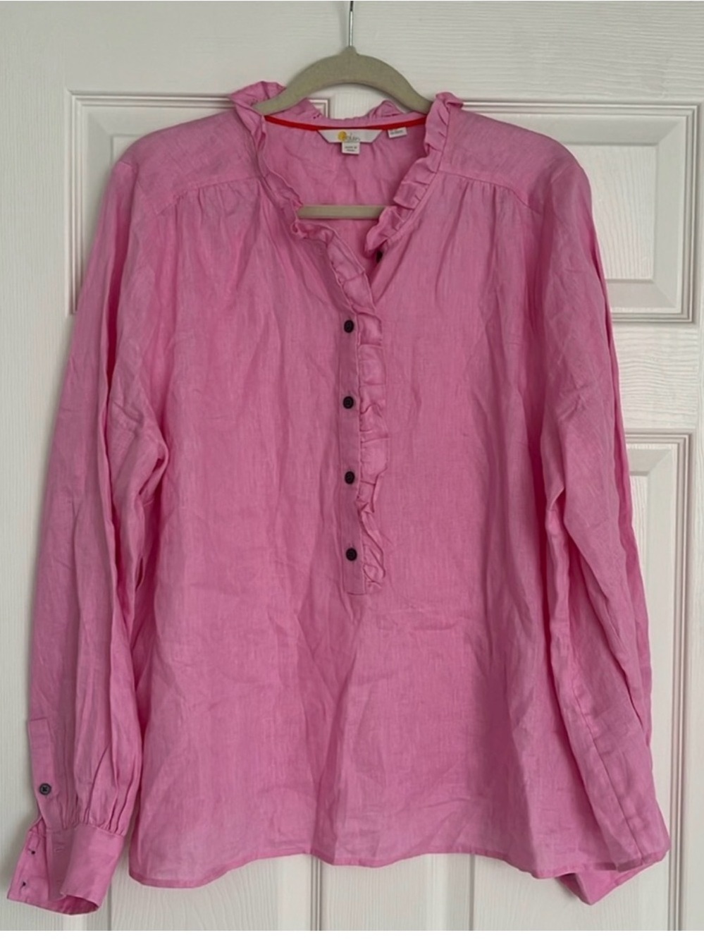 Boden Pink Ruffle-Front Lightweight Long Sleeve Shirt